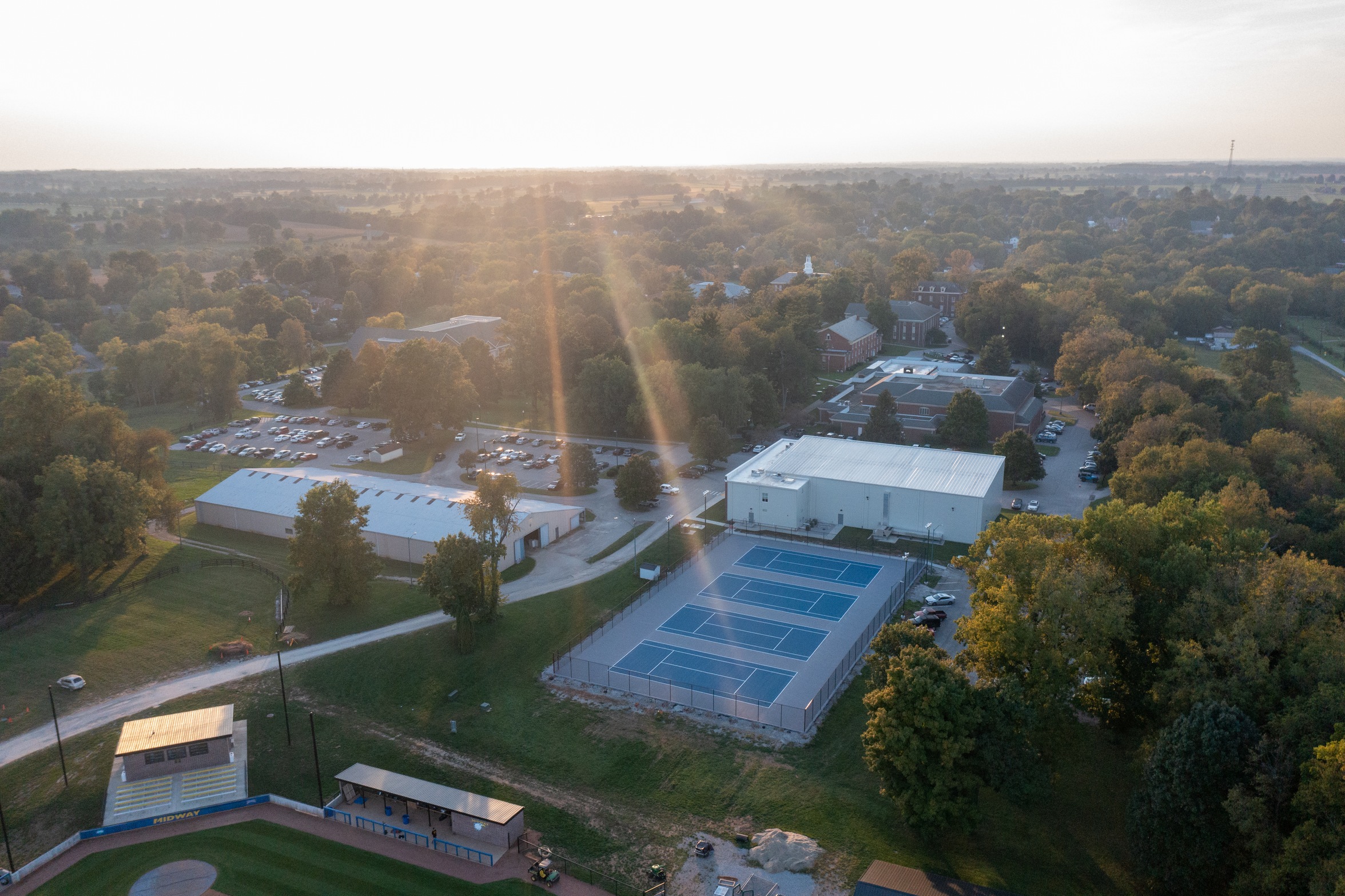 Aerial view of tennis complex at Midway University.