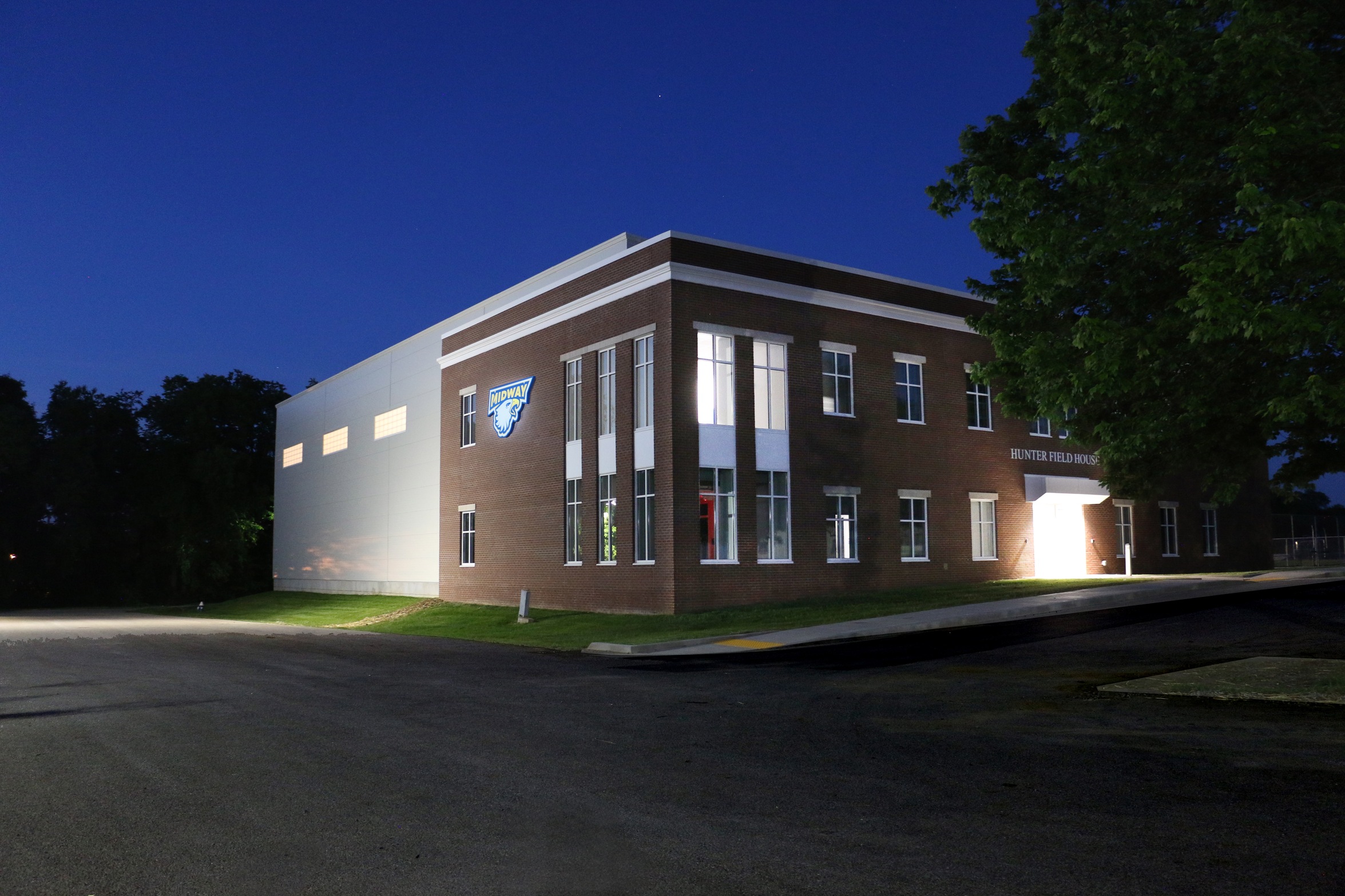 Hunter Field House at night.