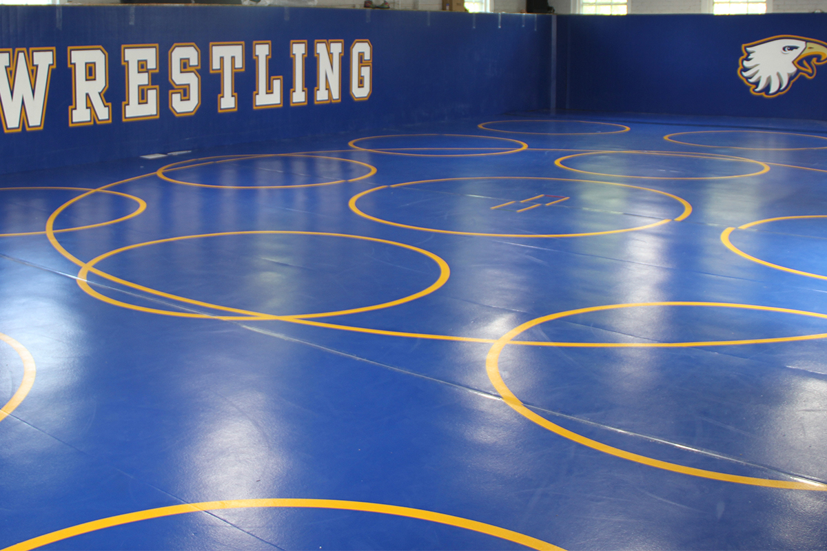 Inside the wrestling practice gym at Midway University.